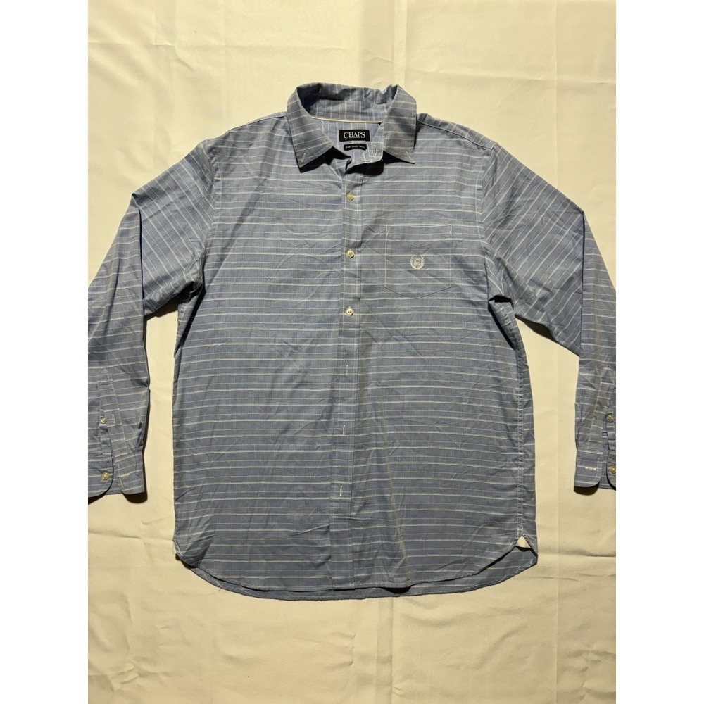 Chaps Mens Large Blue White Striped Easy Care Twill Button Front Dress Shirt